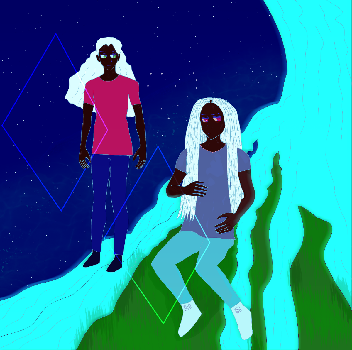Leo is peering down at Khaleel with a distanced but warm smile. He has curly silver hair tied up, dark brown skin, and spring green eyes that glow. Khaleel is staring off at the distance with a more grim expression. He has silver braids that fall around him, dark brown skin, and red eyes that glow. He's right by a glowing aqua tree of some kind, upon grasses, and behind them are a night sky full of stars. There seems to be a heart formation from stars between them. There's strange diamonds framing each of them. There's a vague concept of something like drifting water by the stars.